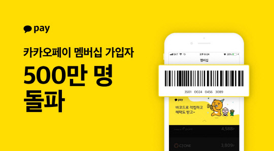 카카오페이가 하나의 바코드로 여러 제휴사의 멤버십 포인트를 관리할 수 있는 '카카오페이 멤버십' 서비스의 가입자가 500만 명을 돌파했다고 30일 밝혔다. 카카오 제공